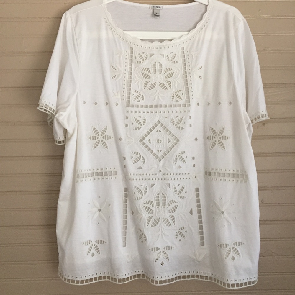 J Crew Cream front lace blouse back t-shirt short sleeves size XL